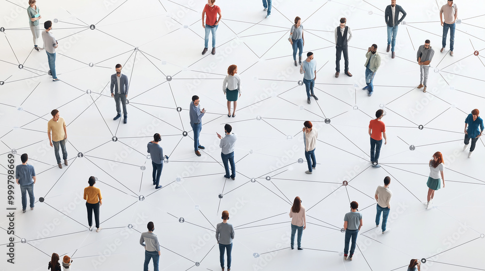 Diverse groups connected in networks on white background. Symbolizes unity and social media connections. Diverse groups connected in networks on white background. Symbolizes unity and social media connections.