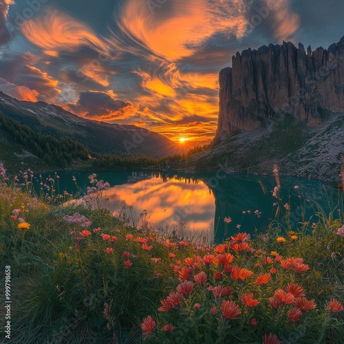 Alpine Meadow at Golden Hour with Majestic Mountains and Tranquil Lake photo