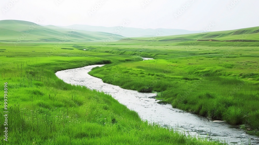 Beautiful Grassland River and Green Grassland Background: A Serene Natural Scene. Admire the Peace and Beauty Beautiful Grassland River and Green Grassland Background: A Serene Natural Scene. Admire the Peace and Beauty
