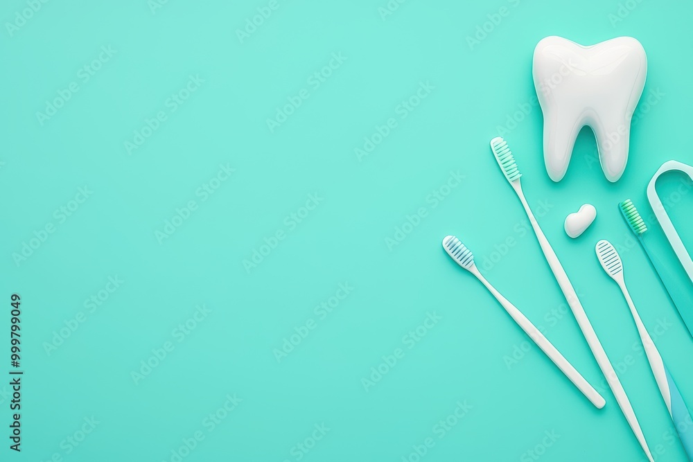 Dental hygiene tools on a turquoise background for oral care. Dental hygiene tools on a turquoise background for oral care.