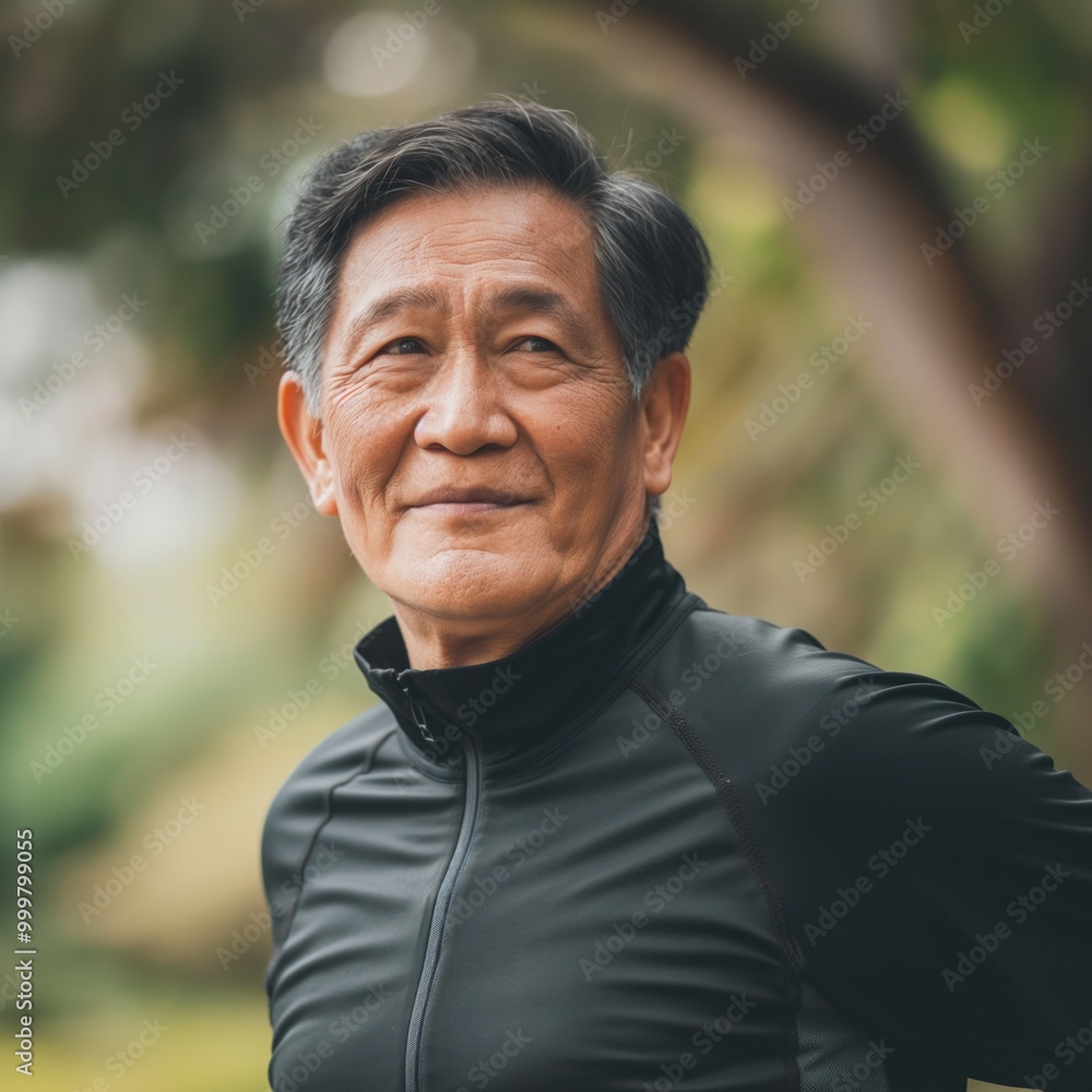 An older Asian man exercises outdoors, looking content and focused while enjoying his surroundings An older Asian man exercises outdoors, looking content and focused while enjoying his surroundings