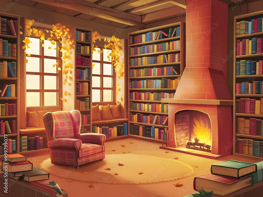 Cozy fall library With books and fireplace Cozy fall library With books and fireplace