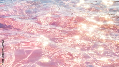 Whimsical sparkles on a calm sea with light gold and pink hues, featuring hyper-realistic water and fairycore details.