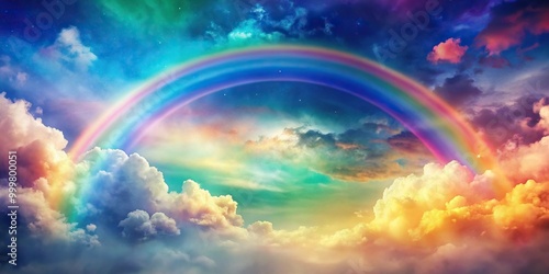 High angle abstract colorful watercolor background featuring a rainbow sky with small clouds