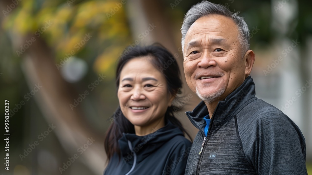 An older Asian couple exercises outdoors, looking happy and engaged while enjoying the fresh air An older Asian couple exercises outdoors, looking happy and engaged while enjoying the fresh air