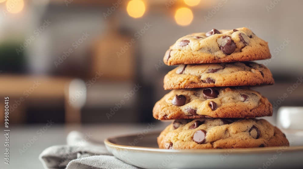 Freshly baked chocolate chip cookies stacked on a plate, soft and delicious. Freshly baked chocolate chip cookies stacked on a plate, soft and delicious.