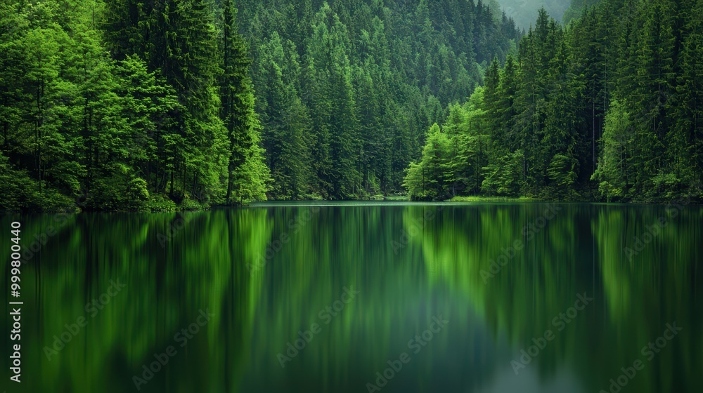 Serene green lake surrounded by lush forest landscape Serene green lake surrounded by lush forest landscape