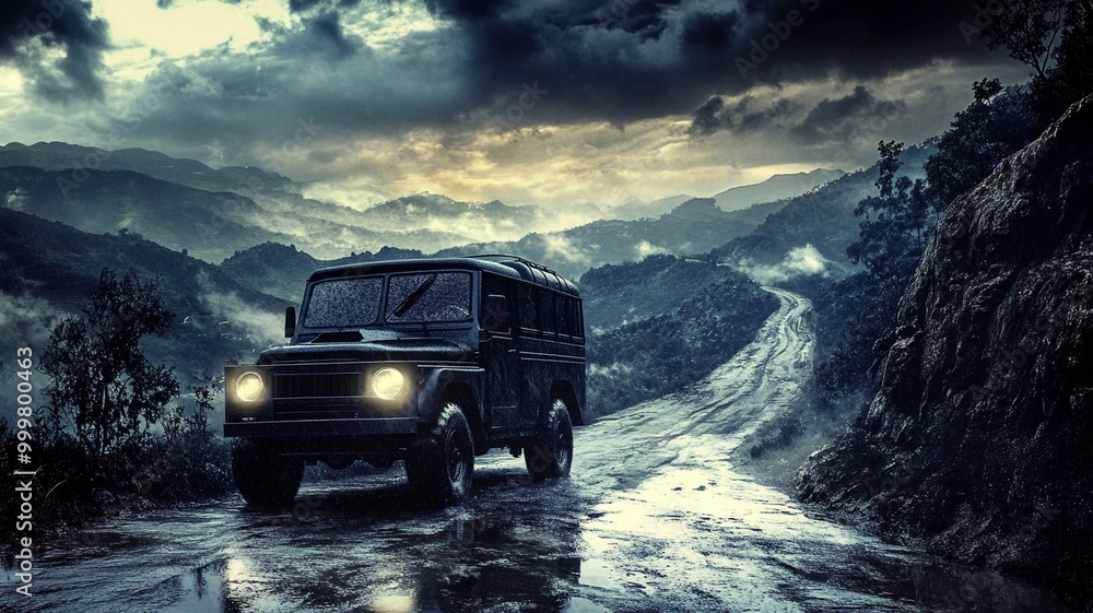 Fototapeta premium Off-Road SUV on Mountain Road - Rugged Adventure Vehicle in Scenic Mountainous Landscape Under Overcast Skies