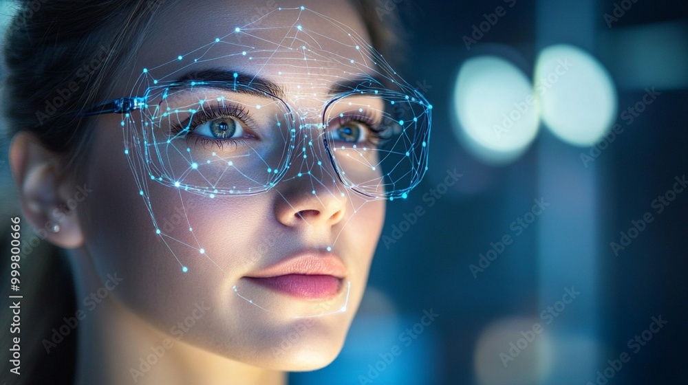 Futuristic augmented reality glasses display digital network overlay on wearer's face, merging technology with human vision in a blue-tinted environment. Futuristic augmented reality glasses display digital network overlay on wearer's face, merging technology with human vision in a blue-tinted environment.