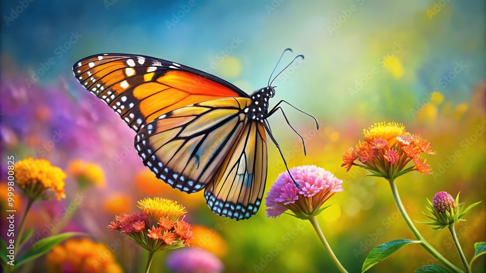 Naklejka premium High angle art painting style monarch butterfly on flower