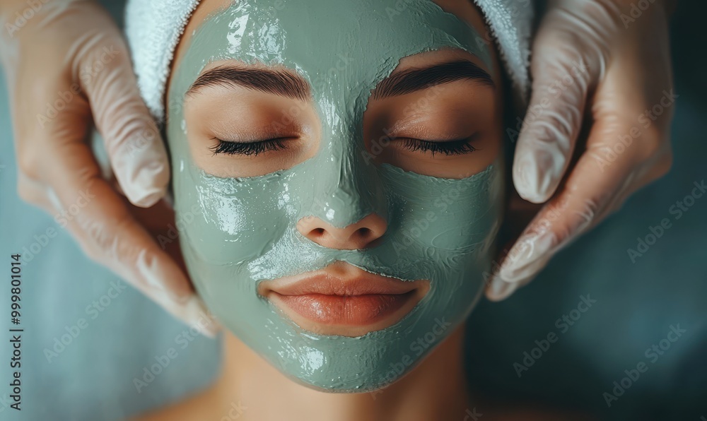 Beautician applying clay mask on face of young woman, lady enjoying beauty treatments in spa salon, Beautician applying clay mask on face of young woman, lady enjoying beauty treatments in spa salon,