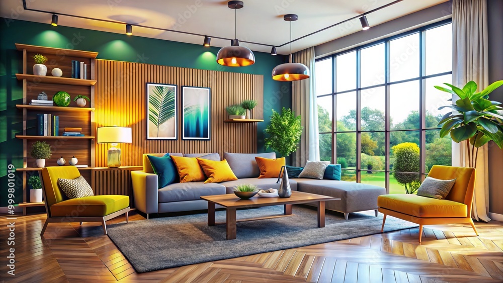 This modern living room features trendy furniture, a warm atmosphere, and refined decor accents, crafting an elegant This modern living room features trendy furniture, a warm atmosphere, and refined decor accents, crafting an elegant