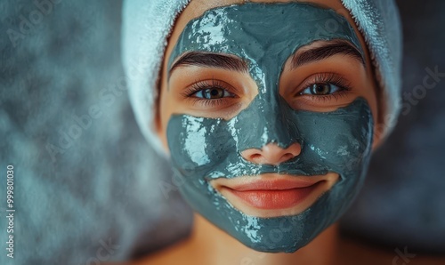 Beautician applying clay mask on face of young woman, lady enjoying beauty treatments in spa salon,