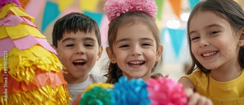 Happy children celebrating with colorful decorations and pinatas indoors.