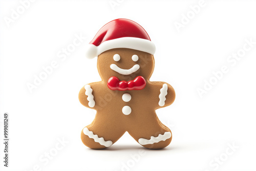 Smiling gingerbread man in a festive Santa hat and red scarf isolated on white background, perfect for Christmas and holiday season celebrations