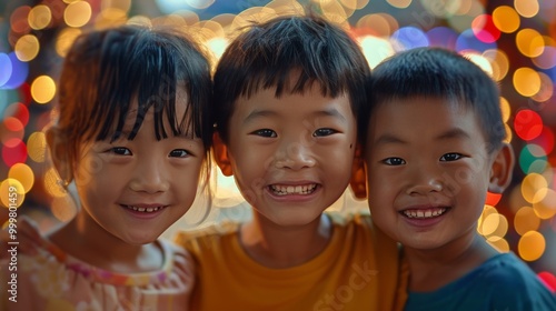 Three happy children of varied ethnicities