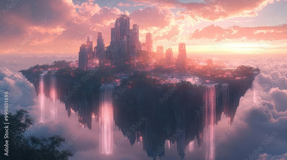 Obraz premium surreal dreamscape floating islands with ethereal waterfalls bioluminescent flora and impossible geometric structures in pastel hues