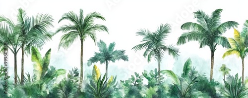 Tropical hand drawn forest seamless border. Watercolor repeating wallpaper design. Palm trees jungle scene. Hand painted background, Generative AI