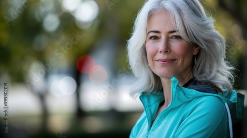 An older woman finds happiness and focus while exercising outdoors in a vibrant setting