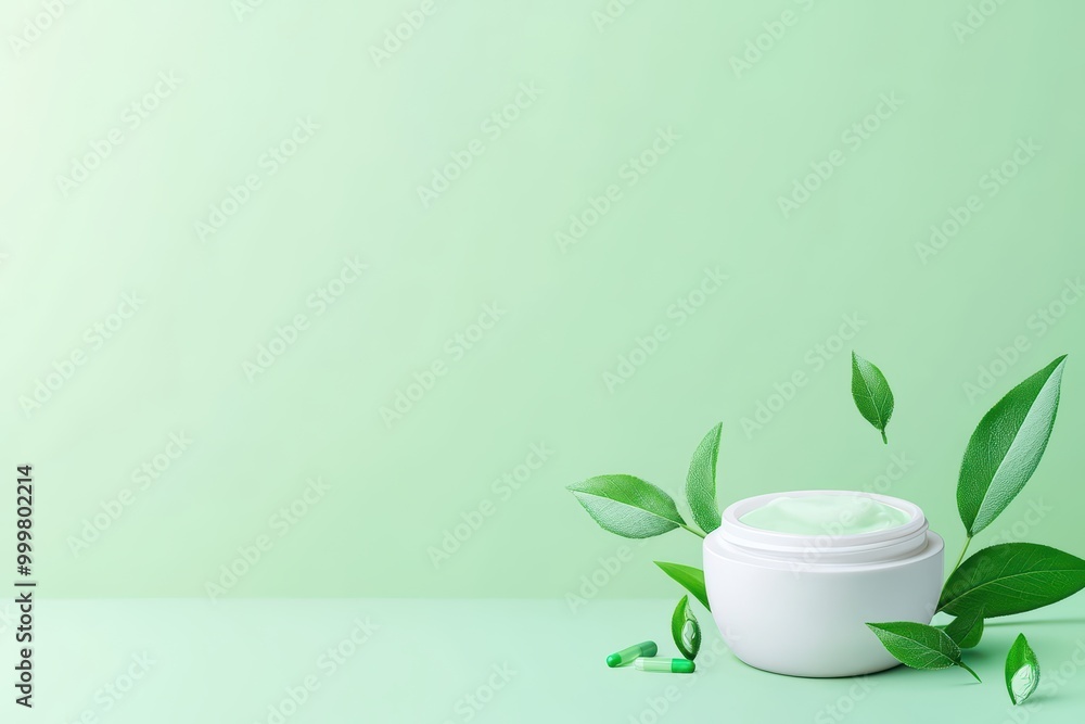 Natural green cream in a jar with fresh leaves on a pastel green background. Natural green cream in a jar with fresh leaves on a pastel green background.