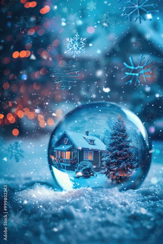 Snow Globe Encapsulating a Snowy House with a Christmas Tree Snow Globe Encapsulating a Snowy House with a Christmas Tree