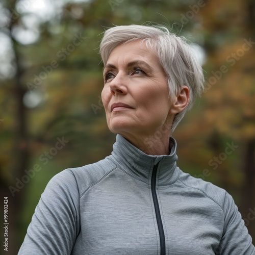 An older woman confidently enjoys exercising outside, embracing a healthy lifestyle