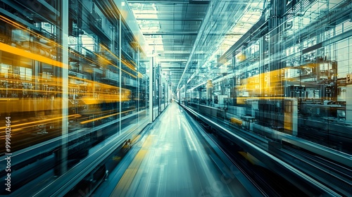 Industrial Factory Corridor with Motion Blur and Yellow Lights