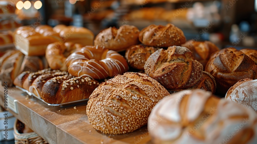 Assortment of freshly baked breads on display in a bakery. Assortment of freshly baked breads on display in a bakery.