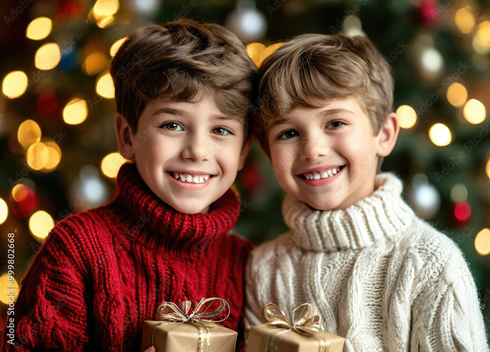 boys in santa hats and sweaters smiling and looking at camera against christmas garland background. boys in santa hats and sweaters smiling and looking at camera against christmas garland background.
