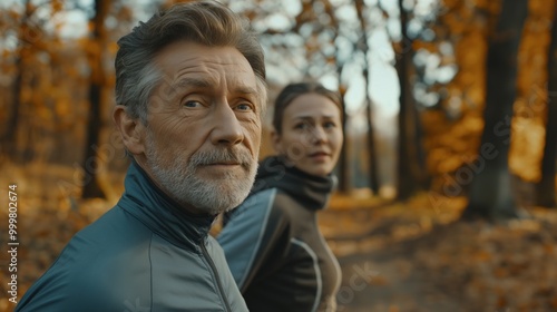 An older couple is exercising outdoors, looking off into the distance with joy