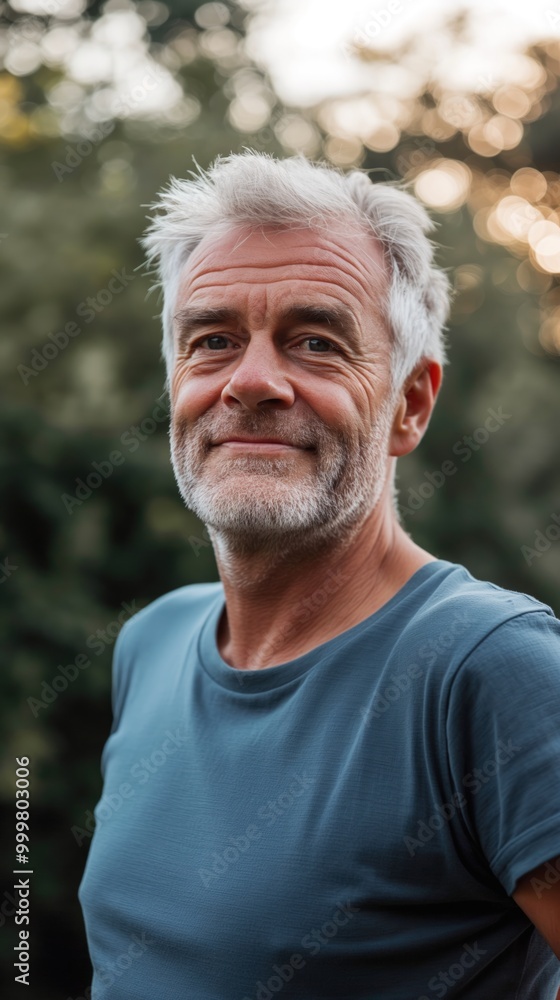 An older man engages in exercise outside, exuding happiness and focusing on his well-being An older man engages in exercise outside, exuding happiness and focusing on his well-being