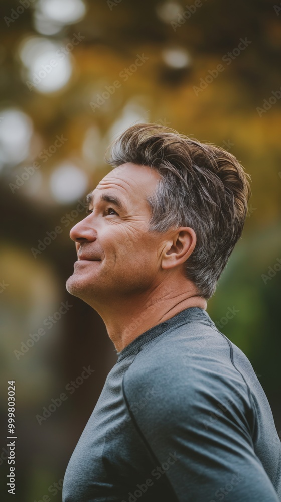An older man embracing fitness outdoors, looking off into the distance with a smile An older man embracing fitness outdoors, looking off into the distance with a smile