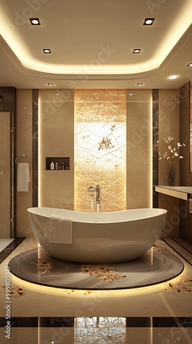 Luxurious bathroom interior featuring a freestanding oval bathtub centered on a circular rug, illuminated by soft ambient lighting and recessed ceiling fixtures. photo