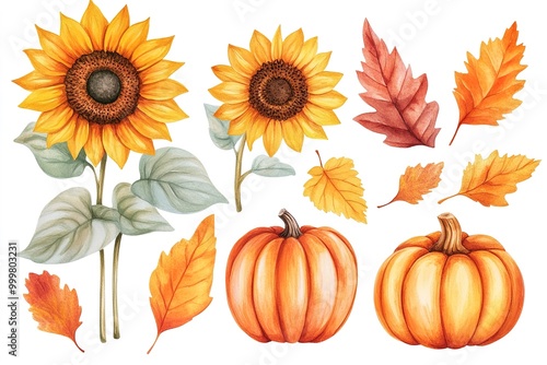 sunflowers and pumpkins watercolor drawing, hand painted on white background
