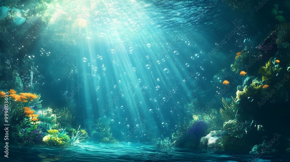 Fototapeta premium Abstract underwater background with sunlight and air bubbles.