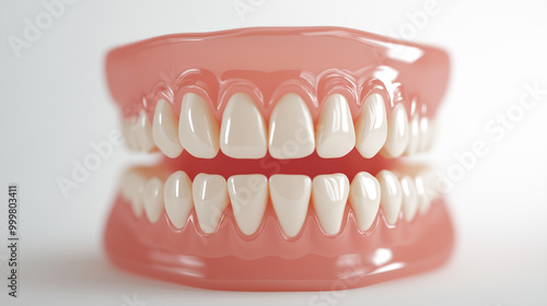 Close-up of a set of dentures with a realistic and detailed finish, showcasing dental care and oral hygiene for health purposes