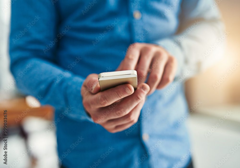 Obraz premium Office, hands and businessman with smartphone for chat, text message and notification from client. Workplace, sales manager and cellphone with mobile app for feedback, information and scroll online