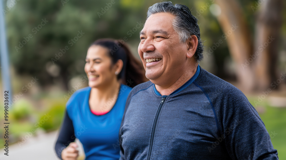An older Hispanic couple shares a joyful moment while exercising outdoors An older Hispanic couple shares a joyful moment while exercising outdoors