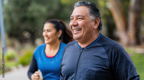 An older Hispanic couple shares a joyful moment while exercising outdoors