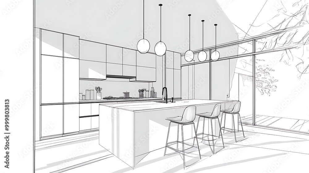 Modern Kitchen Sketch with Island and Pendant Lights Modern Kitchen Sketch with Island and Pendant Lights