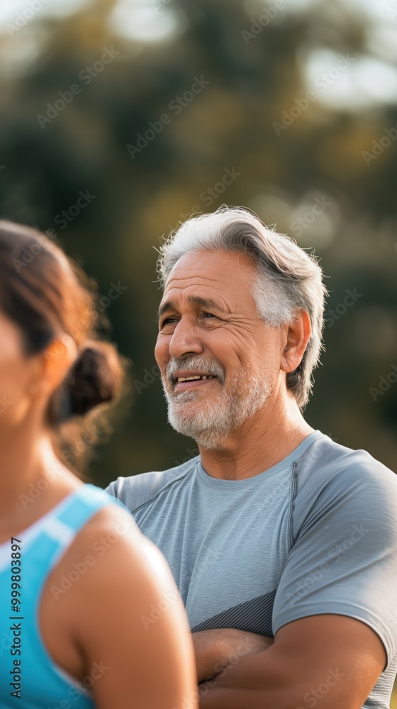 An older Hispanic man and woman are engaged in outdoor exercise, both smiling joyfully An older Hispanic man and woman are engaged in outdoor exercise, both smiling joyfully