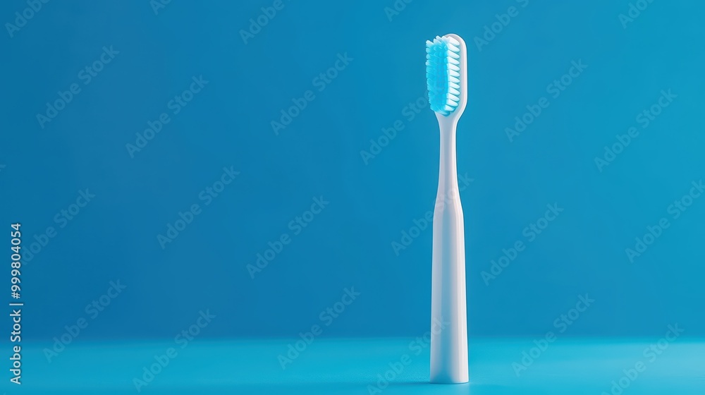 White toothbrush standing on blue background with simple and clean design. White toothbrush standing on blue background with simple and clean design.