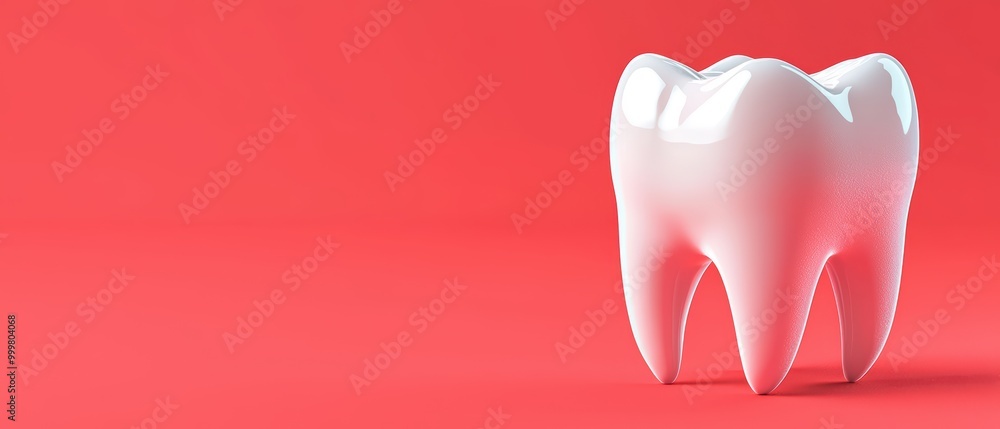 White tooth on a red background, symbolizing dental health and hygiene. White tooth on a red background, symbolizing dental health and hygiene.