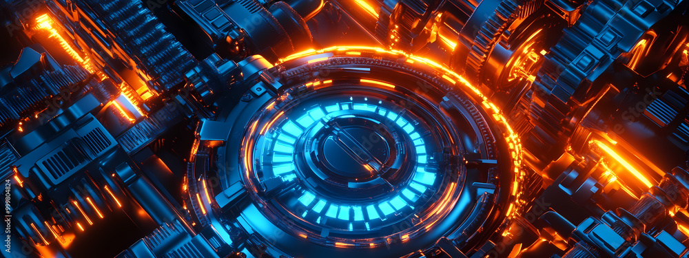 Complex Futuristic Gear System in High-Tech Setting Complex Futuristic Gear System in High-Tech Setting