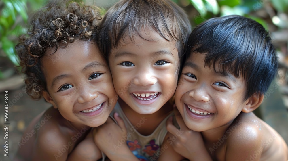 Three smiling children of varied ethnicities, natural lighting Three smiling children of varied ethnicities, natural lighting