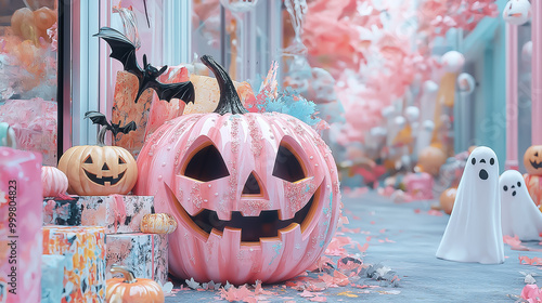 A colorful Halloween display showcases a pink pumpkin with carved features, surrounded by decorative items, bats, and whimsical ghosts among fallen leaves photo