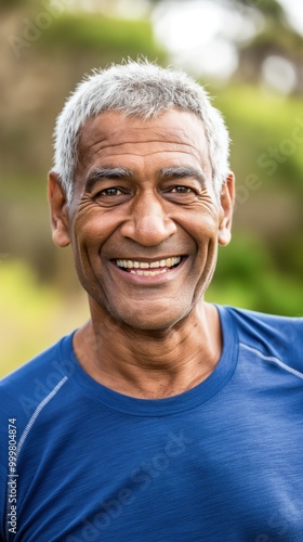 An older South Asian man smiles while exercising outside, embracing a healthy lifestyle