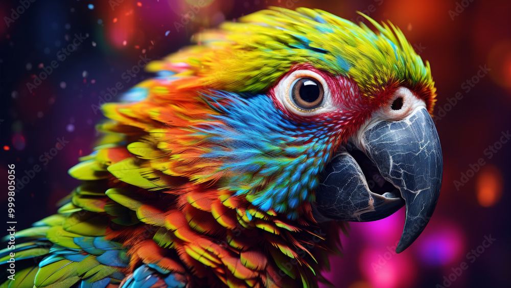 Obraz premium Stylized rainbow parrot, portrait. Parrot in cartoon style. Poster and wall prints.