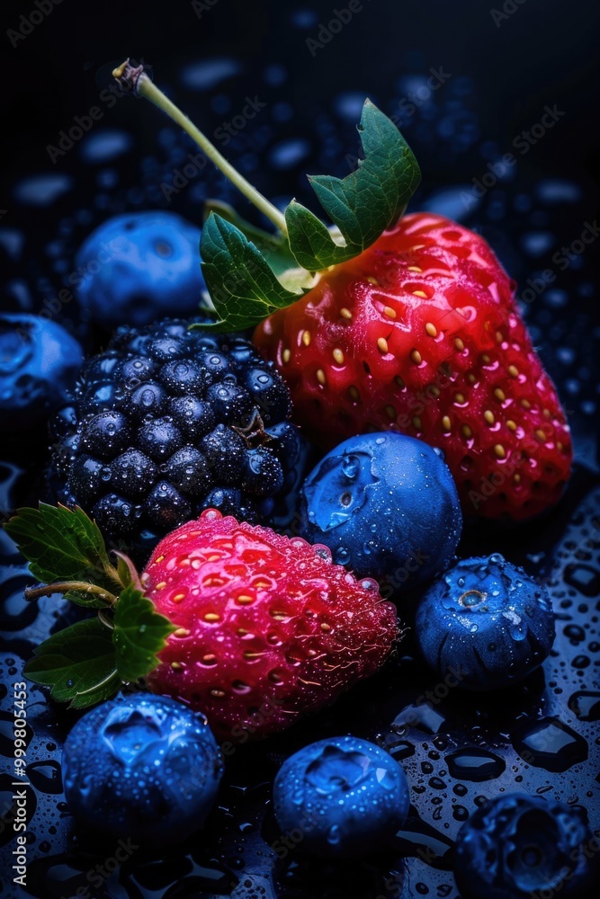 Fresh berries and blueberries arranged on a table, ideal for food styling or photography Fresh berries and blueberries arranged on a table, ideal for food styling or photography