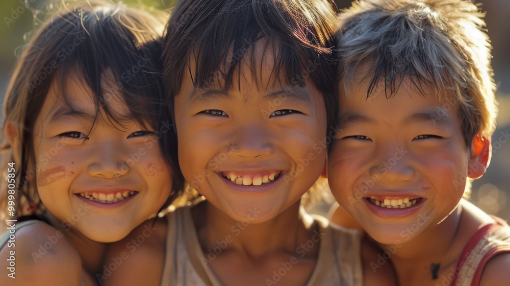 Three smiling kids from different ethnic backgrounds, their faces close together in a warm Three smiling kids from different ethnic backgrounds, their faces close together in a warm